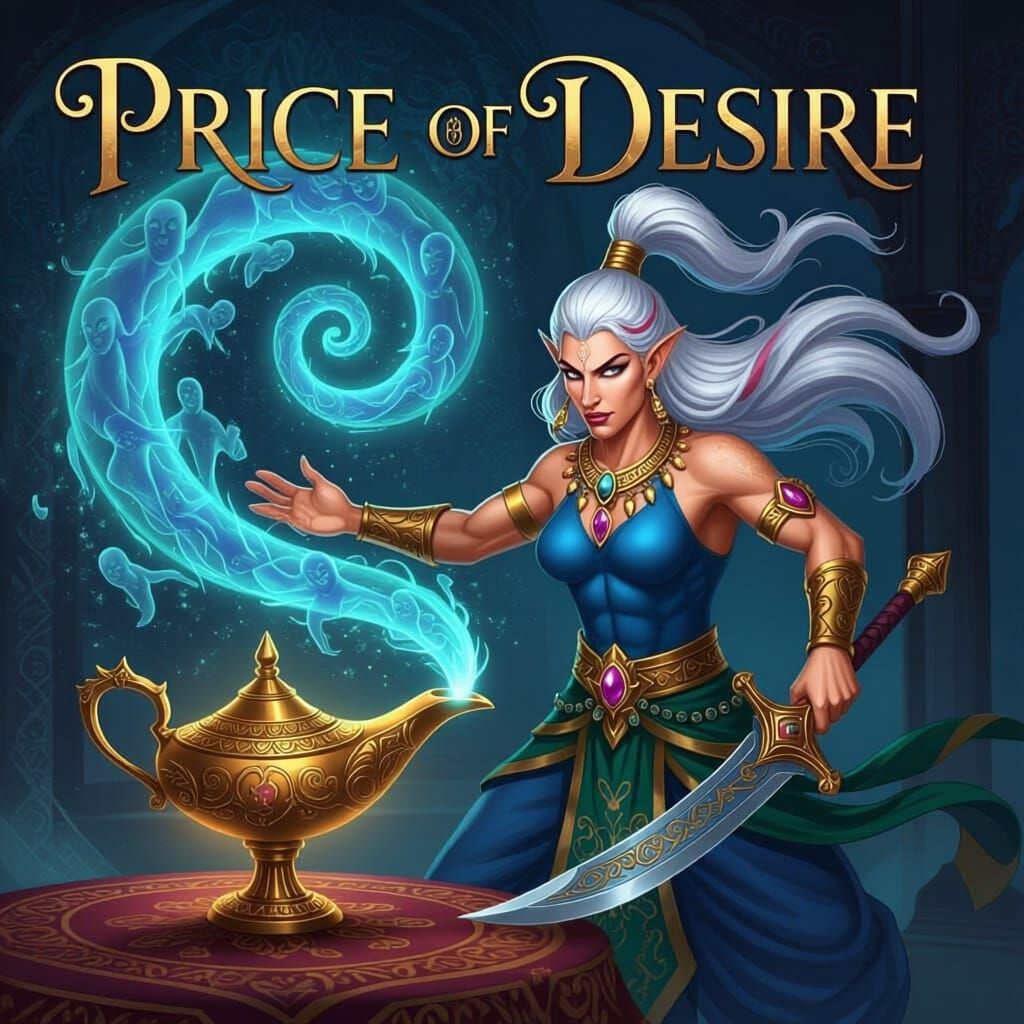 Make book cover that says in fancy font Price of Desire. add also to the background a genie lamp and souls getting sucked into it. Add this ...