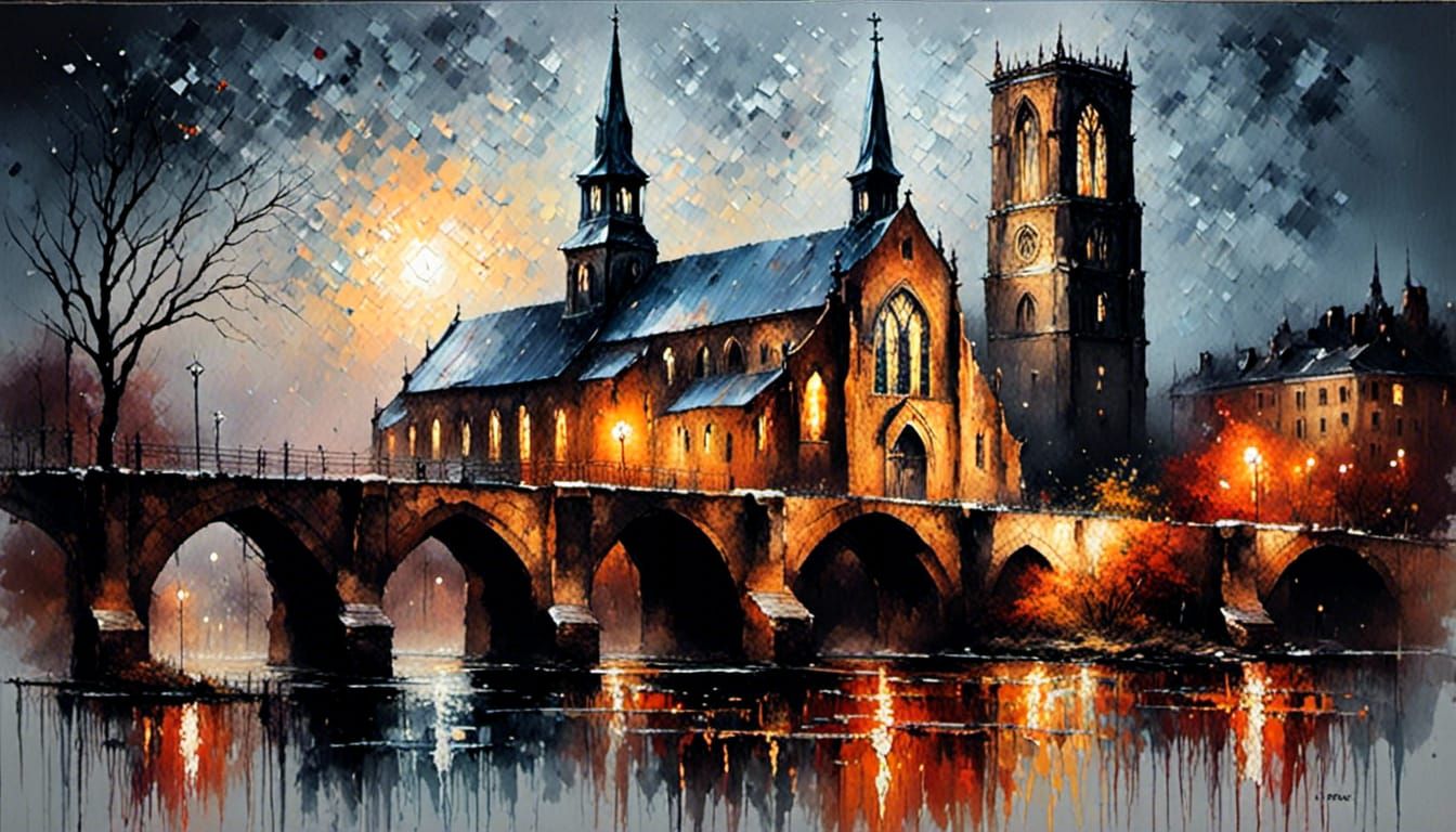 Old church at the bridge at night