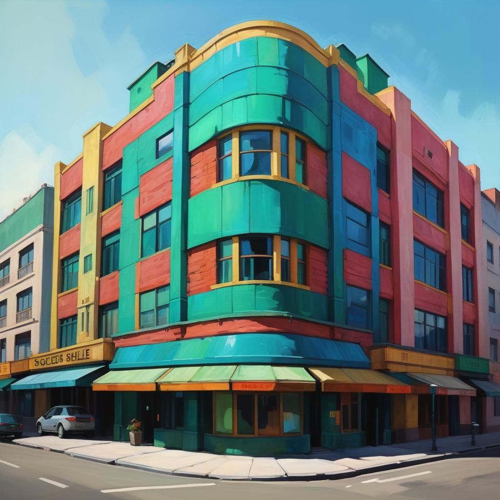 Art Deco vibrant colored building, Atmospheric expressionist style reminiscent of Egon Schiele. Soft brushstrokes and bold color palette. Mu...