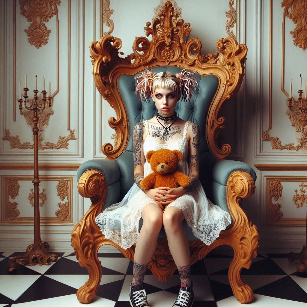 With teddy on a throne