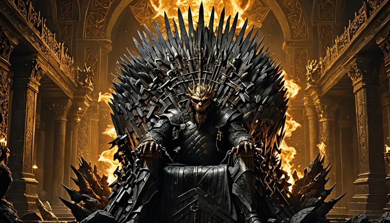 A royal palace in which an iron throne is placed made up of thousands of sword and dark as black and looks like came from devils world. And...