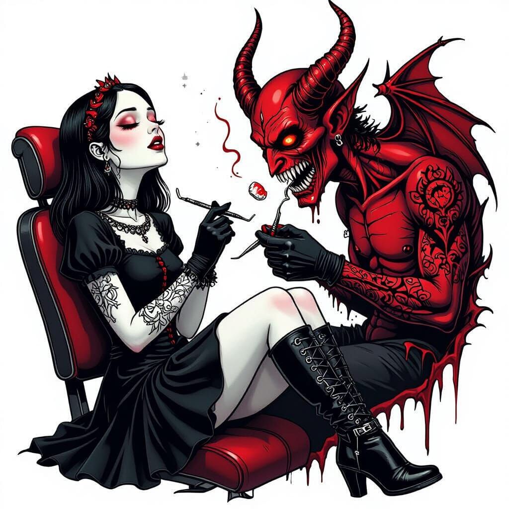 Detailed tattoo design of a scene where a humanoid demon monster dentist is extracting a wisdom tooth from a pale gothic girl. She wears bla...