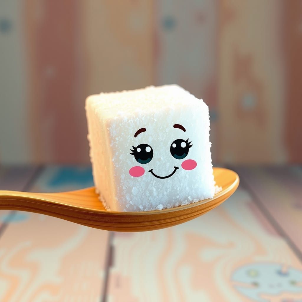 a cute little sugar cube with anime eyes and happy face on a wooden spoon Pixar, Disney, concept art, ...  by @mj24