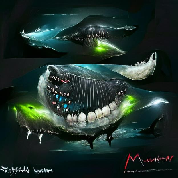 Monster whale with bioluminescent green fins and sideways st...