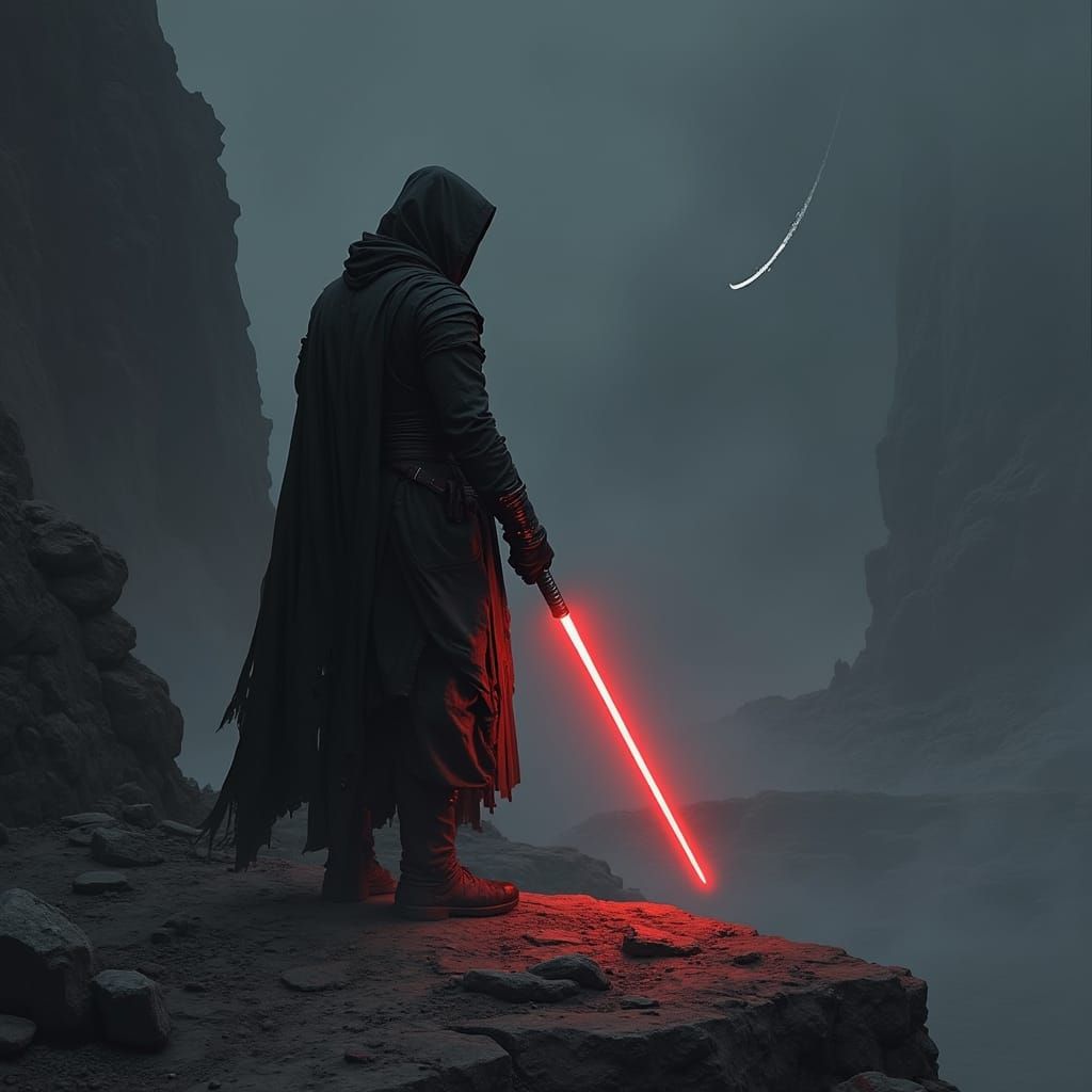 Jedi in dark robes with a red pointed lightsaber in his left hand standing on a dark, abandoned planet with smoke, jagged rocks and a single...