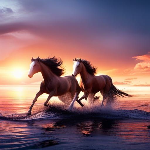 Horses running on water during the sunset