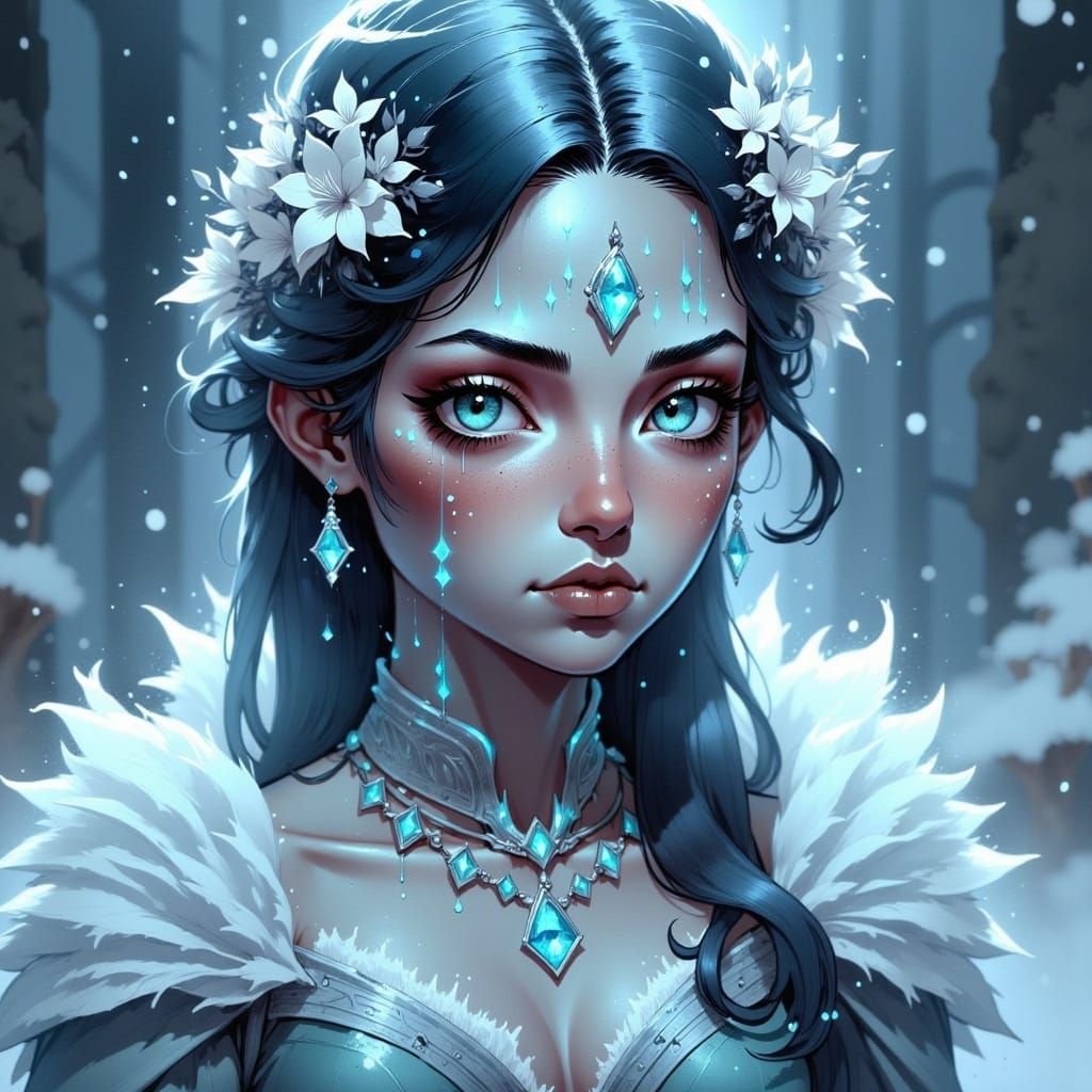<lora:EtherealInkArchiveFx:1.0>, Portraiture of ethereal frost snow-covered woman, auroral luminescence infused in delicate facial features,...