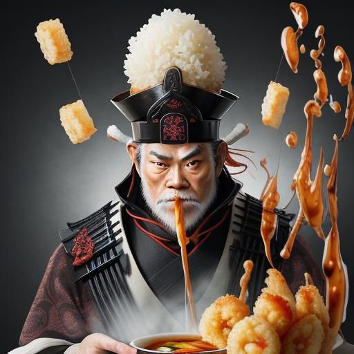 Japanese Samurai eye-balling a ginger sauce sparingly drizzl...