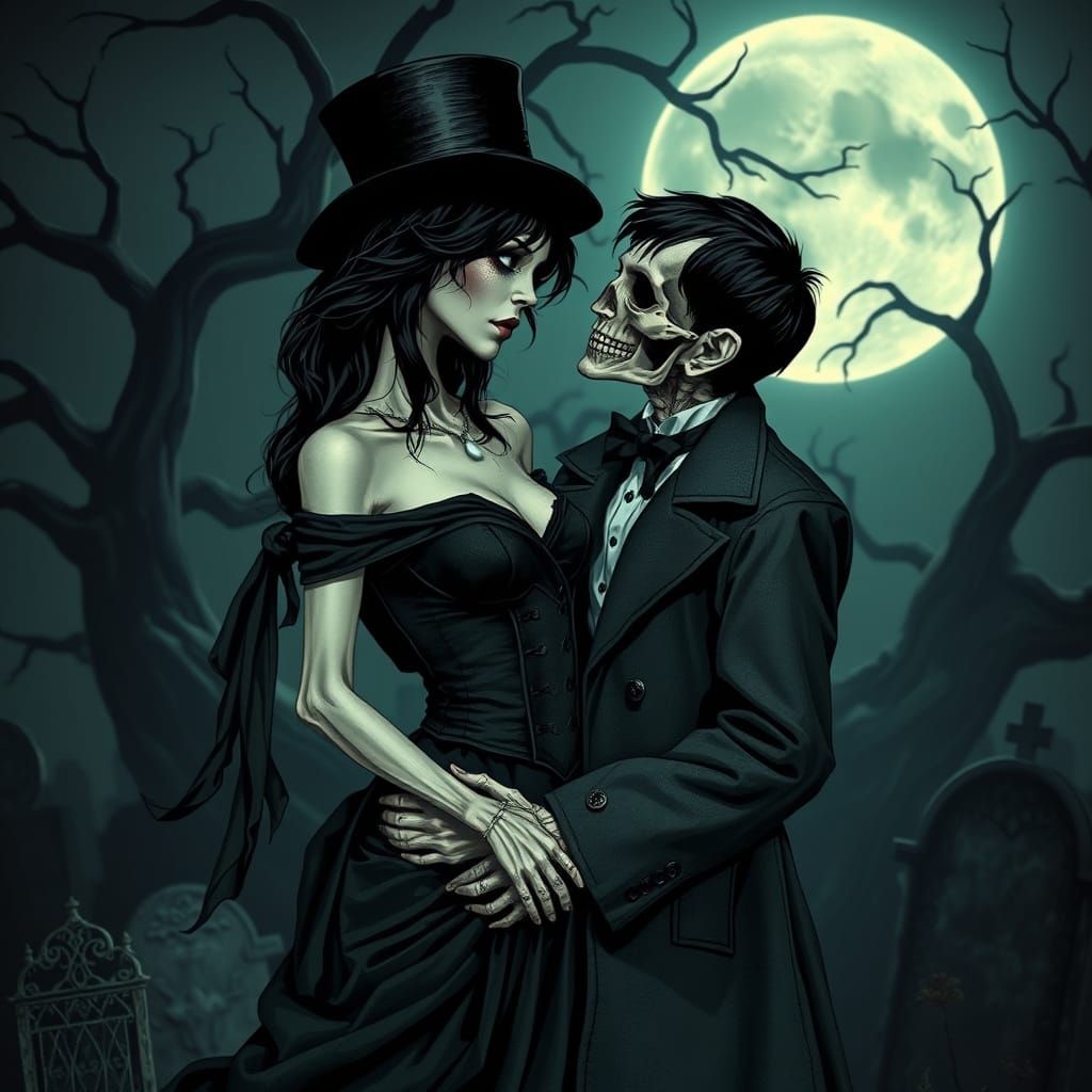 Ethereal Moonlit Couple in Haunting Graveyard