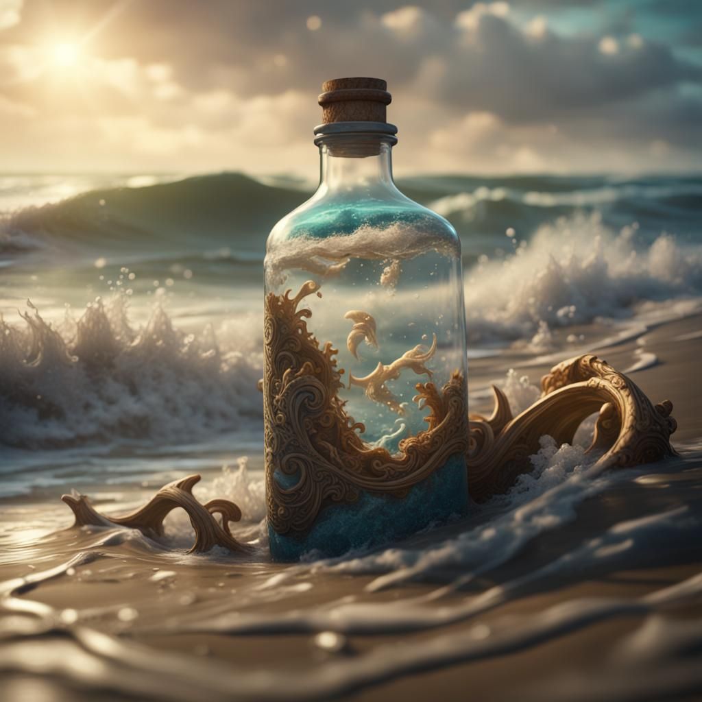 Treasure in a Bottle Washed Ashore In the Wave  by @Red Moon Night