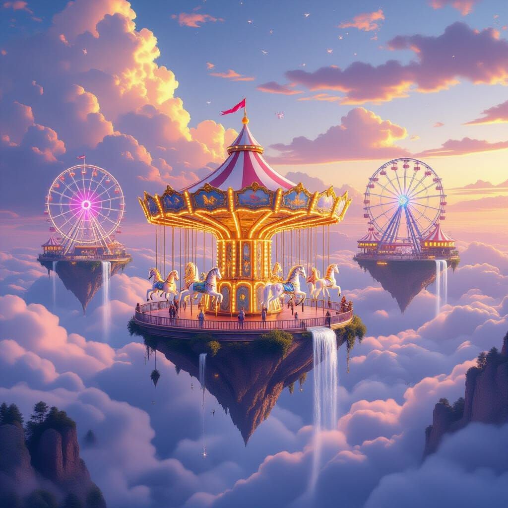 A breathtaking fantasy scene depicting a floating amusement park made up of three flying islands drifting high above the clouds. The central...