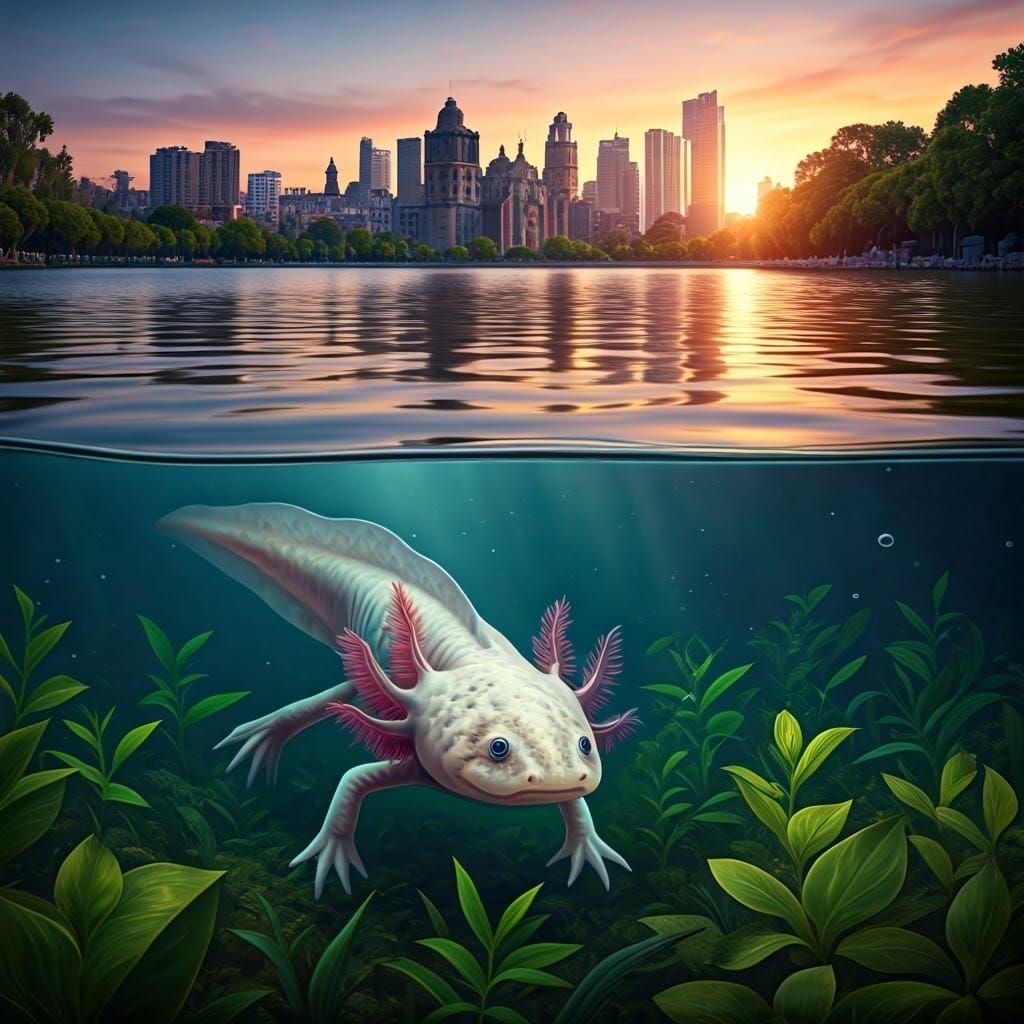 sideview of lake showing 1) axolotl below the surface in waterweeds 2) mexico city skyline above the ...  by @Nobomi