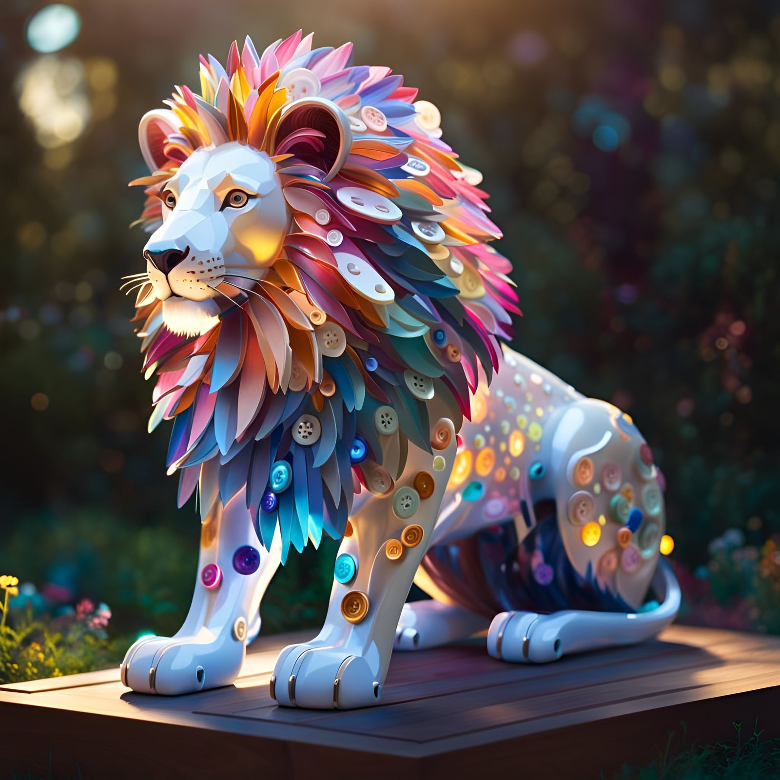 Beautiful Lion Sculpture made out of Recycled Buttons, Plastic Pieces and Glass Shards AI
