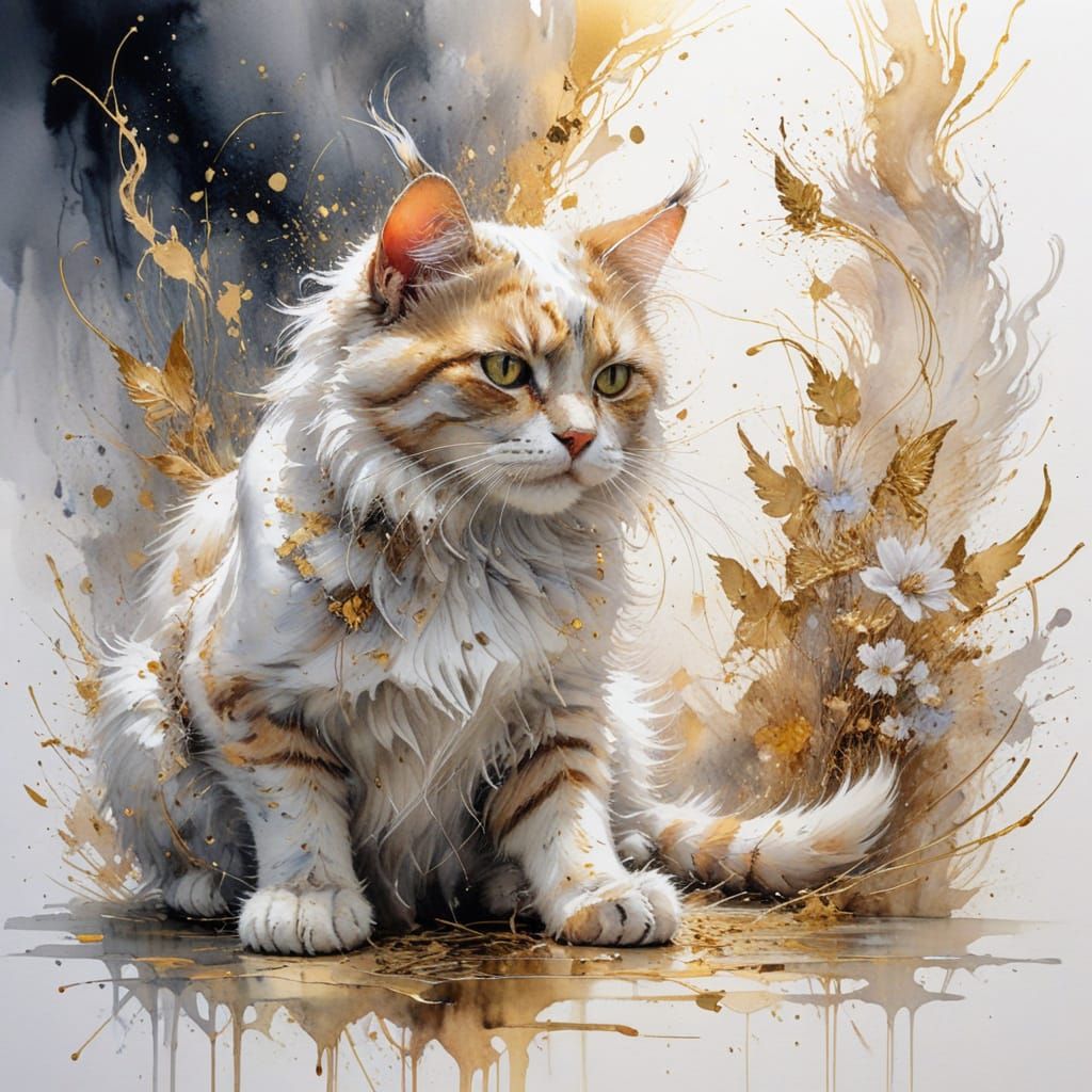 Golden Thread Cat in Expressive Watercolour Style