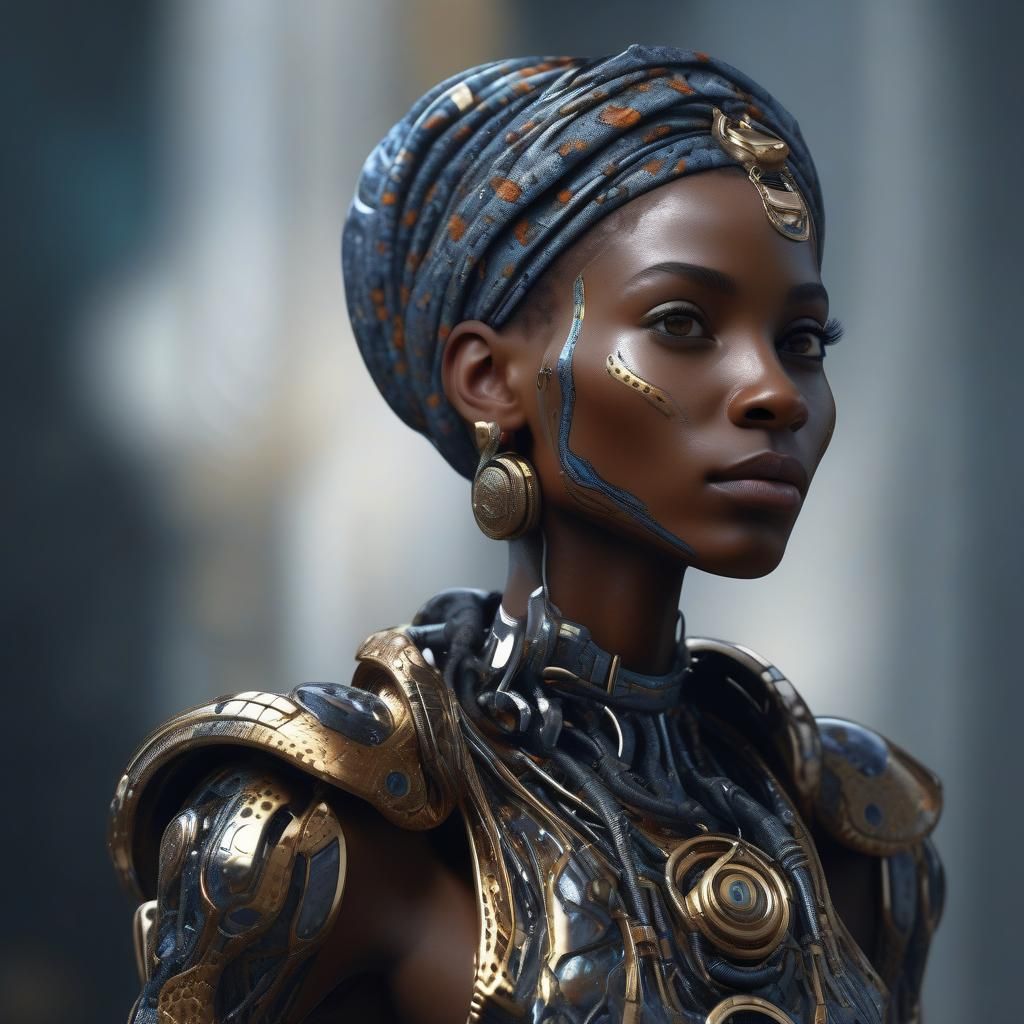 Biomechanical Nubian Woman, Hyperrealistic Marbled Art