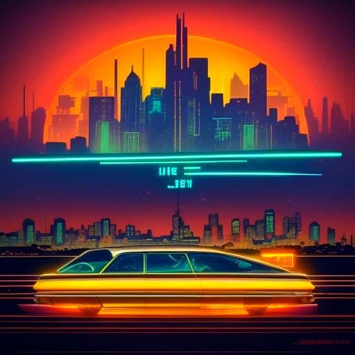 Retro Futuristic Cityscape in Vibrant Neon Colors