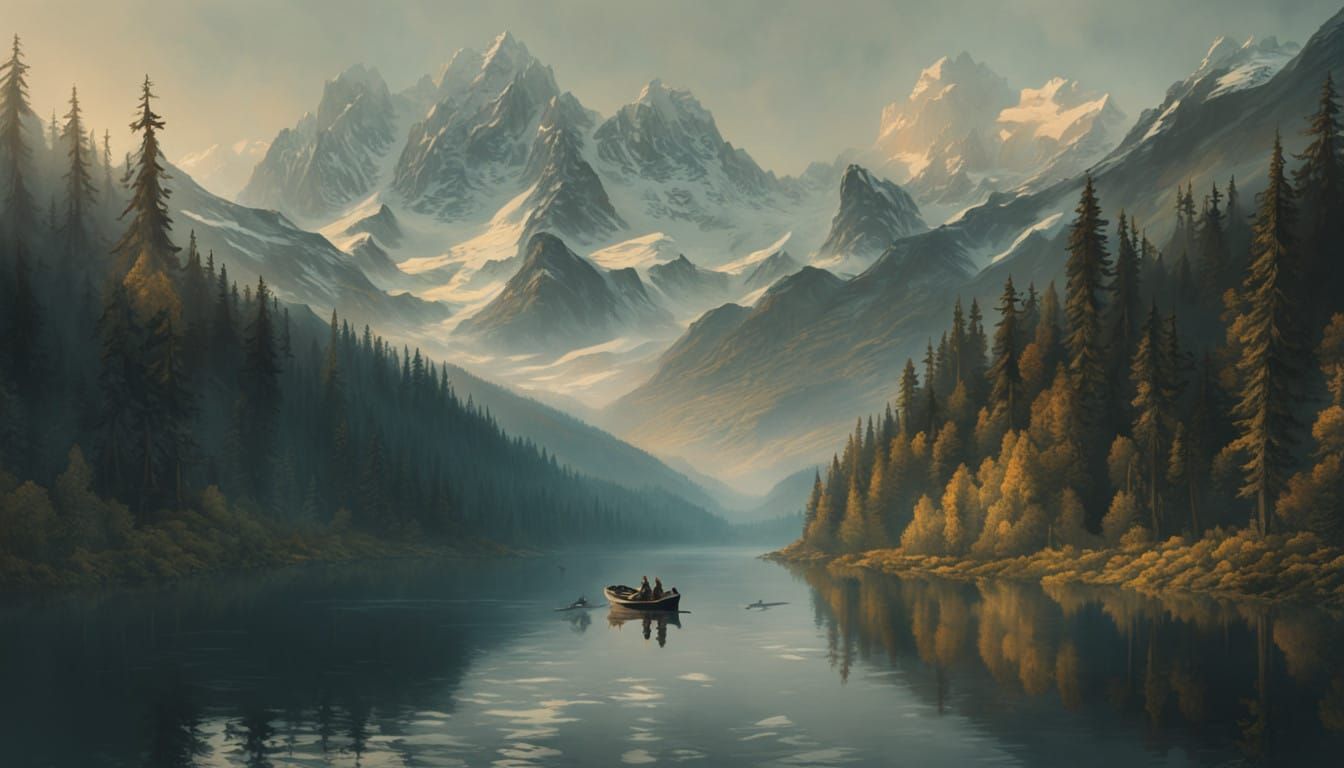 Men in a Boat at Sunrise on a Serene Lake Landscape in a Gua...