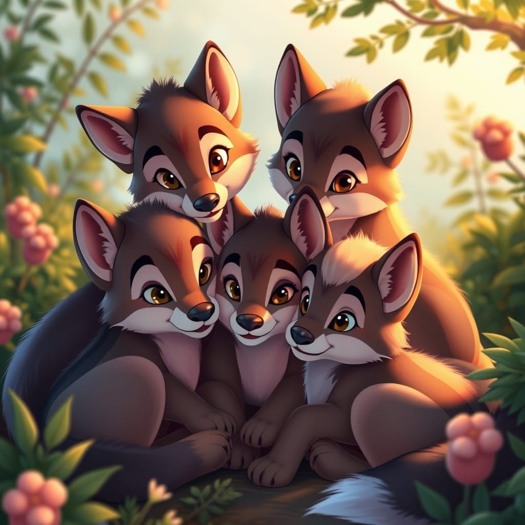 Whimsical Wolf Cubs in Warm, Golden Light