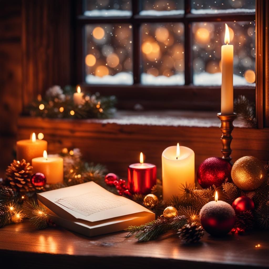 Dans un décor de Noël, une lettre sans rien dessus sur la table, deux bougies sur le côté