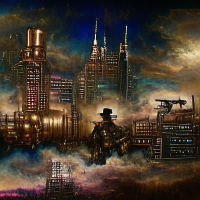 Detailed steampunk cyberpunk noir skyline