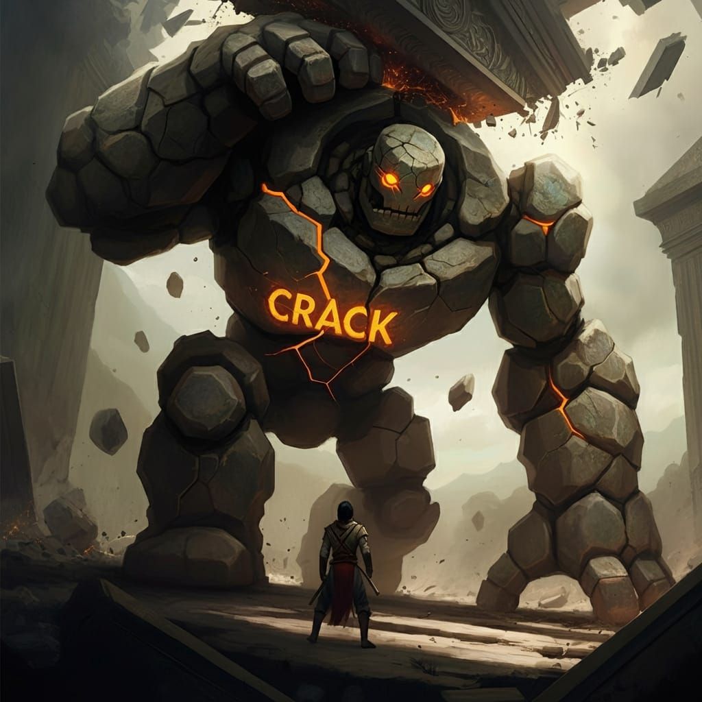 Onomatopoeia “Crack” golem upholding collapsing temple