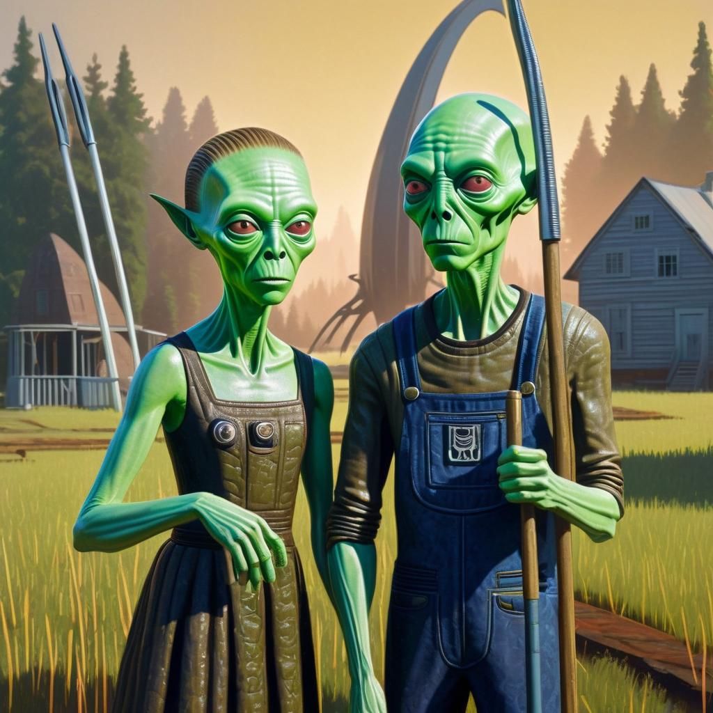 Two green-skinned, bug-eyed, triangular headed, green-skinned, bug-eyed, triangular headed aliens standing in front of an alien Spaceship ho...