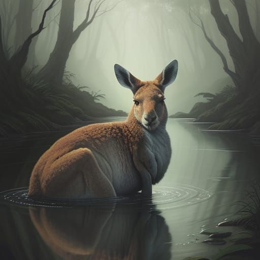   קנגרו מסדר גבות עבות בהשתקפות  בהמצעות ענף בנחל ועושה שפתים וורודות