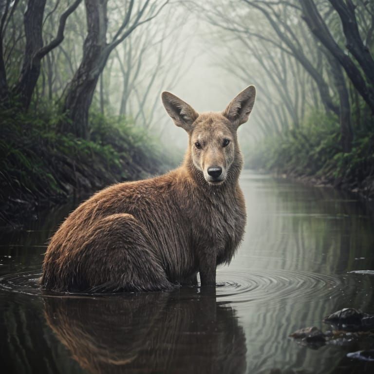 Kangaroo Tends Bushy Eyebrows in Stream Reflection