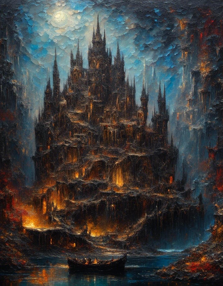 <lora:Impax:1.0> complex Dark castle in the fallen kingdom   ,thick impasto  Landscape , Hard traces, reflective lake, starry night