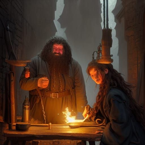 Hagrid blacksmithing,
a masterpiece, 8k resolution, dark fan...