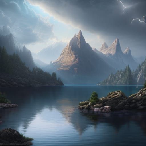 mountain lake, Epic cinematic brilliant stunning intricate meticulously detailed dramatic atmospheric ...  by @Kunekeda
