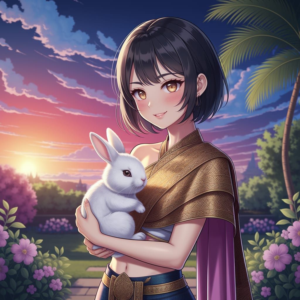 Thai Woman Tenderly Holds a Fluffy White Rabbit Under a Vibr...