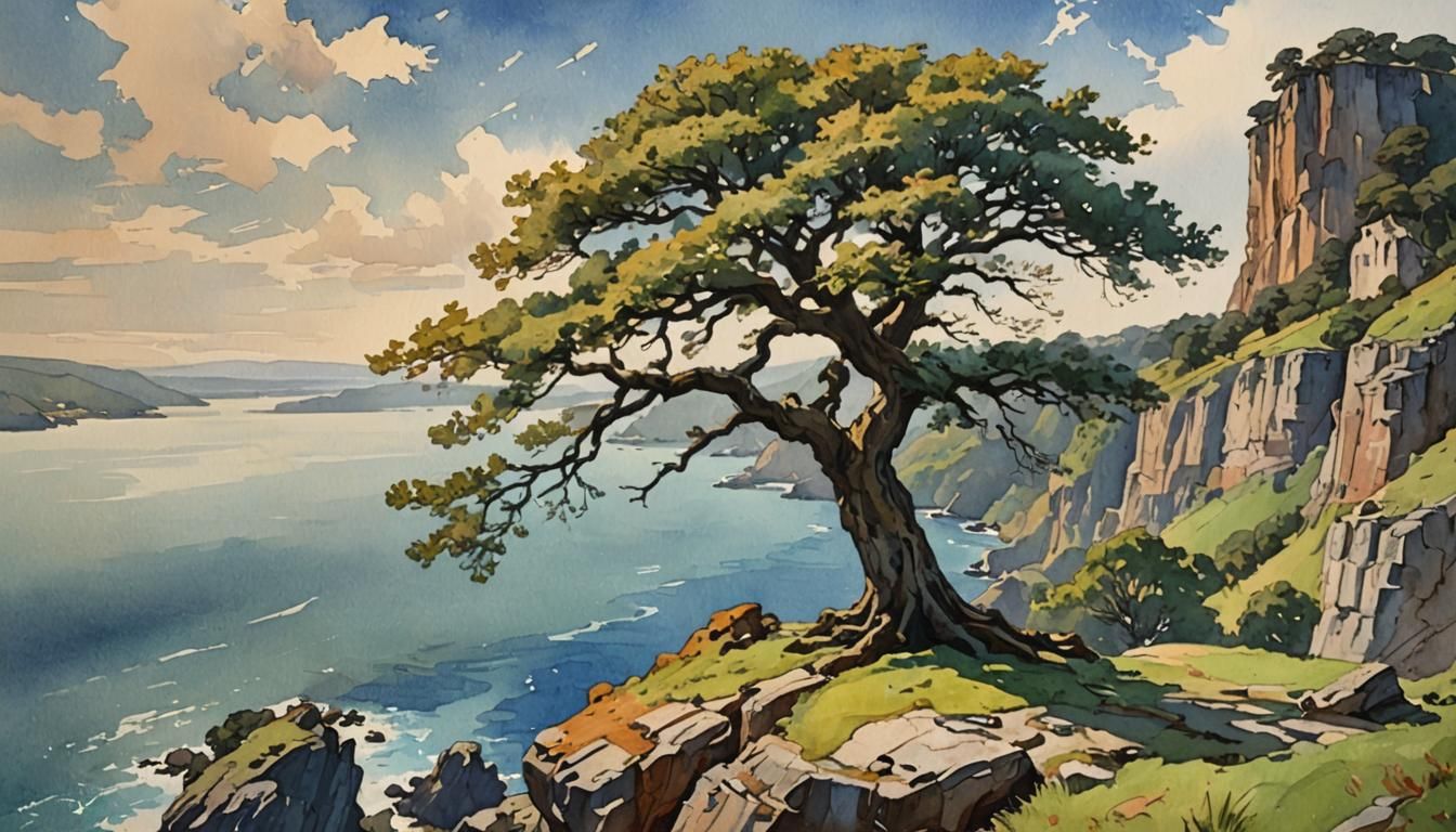 Lonely oak tree on the top of the cliff