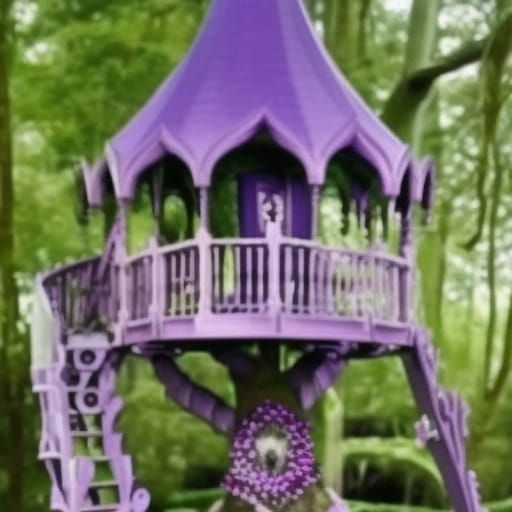 Legendary dreamy gothic purple treehouse with purple blossoms in the