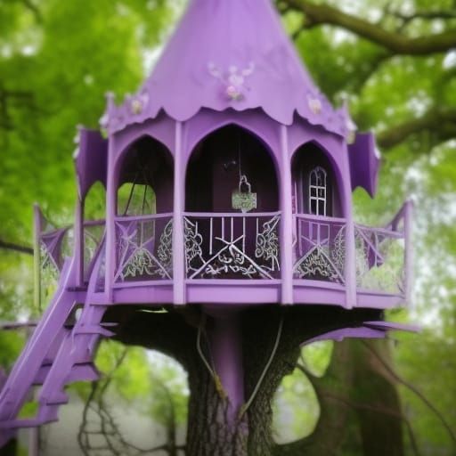 Legendary dreamy gothic purple treehouse with purple blossoms in the