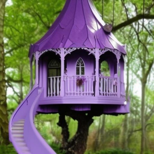 Legendary dreamy gothic purple treehouse with purple blossoms in the