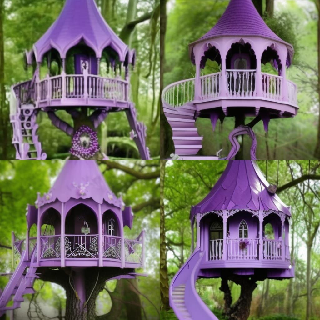Legendary dreamy gothic purple treehouse with purple blossoms in the