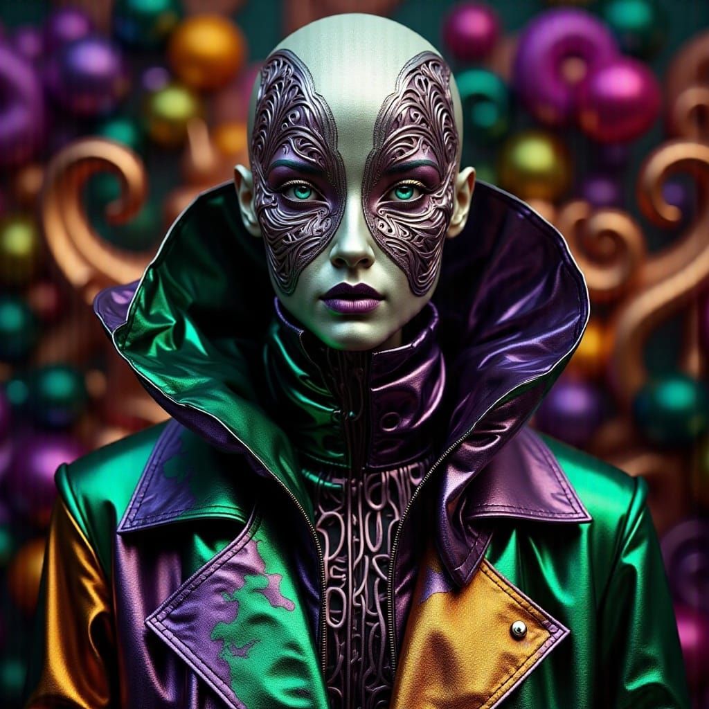 <lora:Metallica:1.0> An illustration, a fantasy illustration surrealist of a Winter's creature made of metallic fabric and little pieces of...