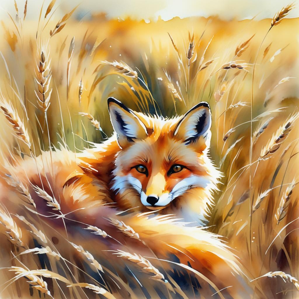 Painted fox laying in a field of wheat  by @pig-and-sheep