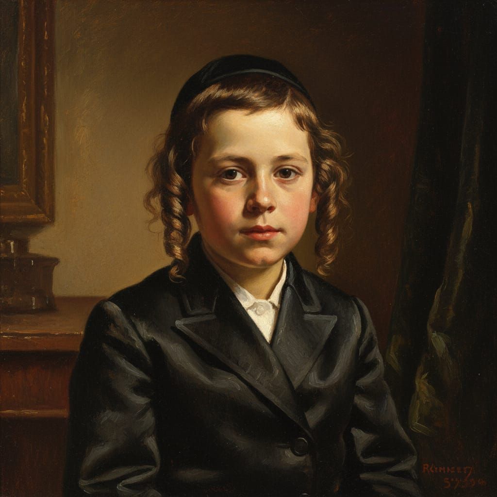 Hasidic Boy Portrait in Rembrandt Oil Painting Style