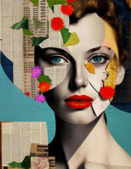 Fragmented Collage Art Print -Amazing Girl with Flowers, Inspired by ...