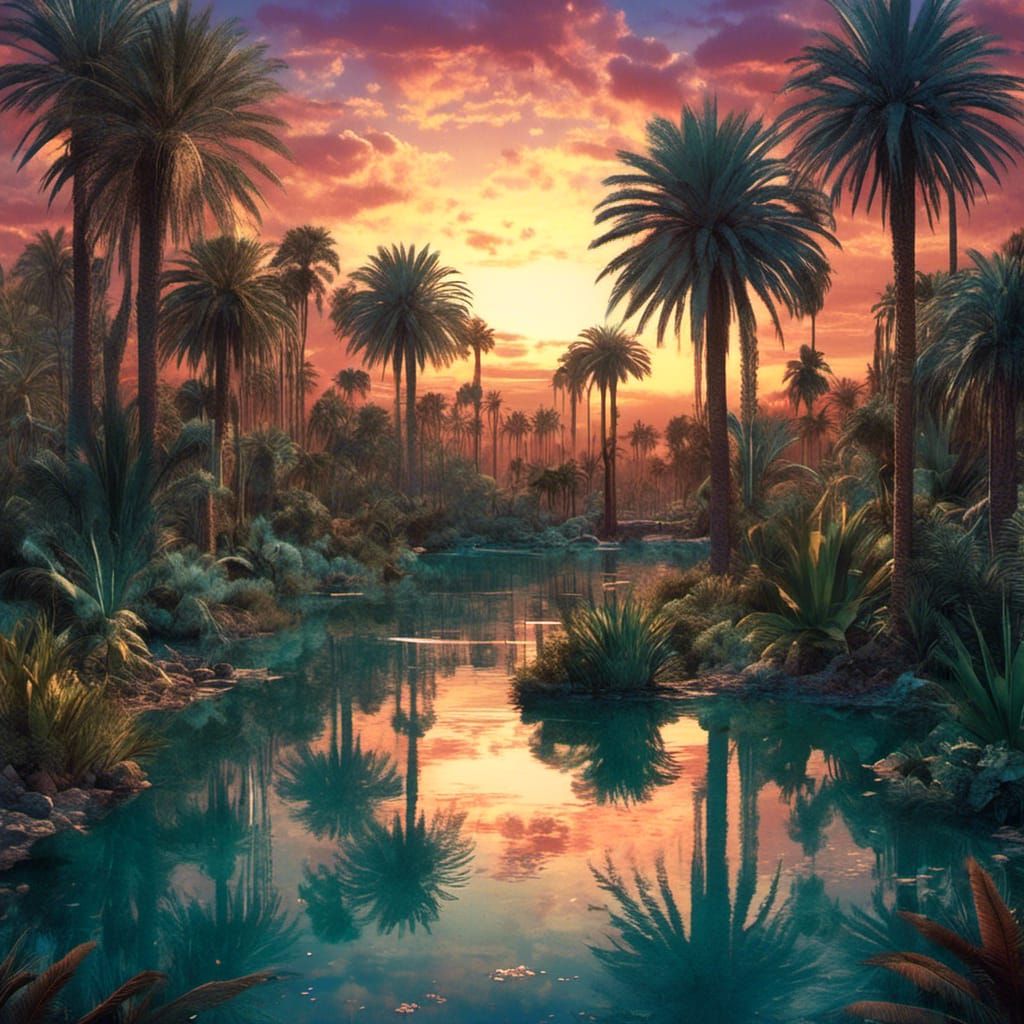 An oasis in the desert, sunset