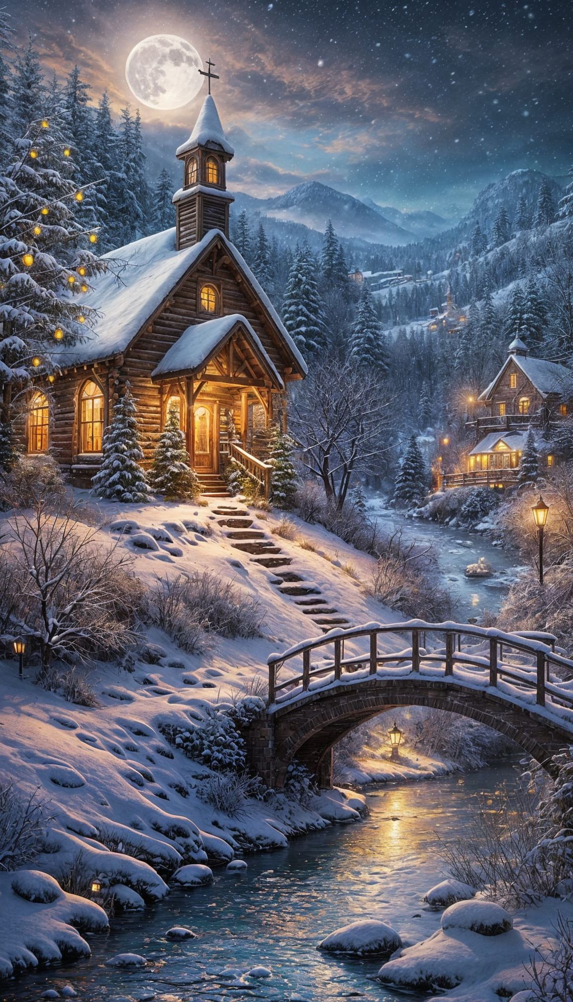 cabin window, creek, bridge, church, christmas tree, night moon, snowing, colorful lights, Thomas Kinkade