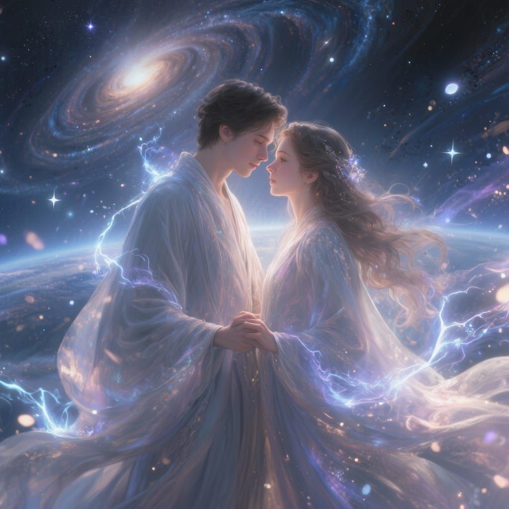 Hyper realistic portrait. A loving couple, dressed in flowing, ethereal robes, gazes into each other's eyes amidst a celestial backdrop of s...