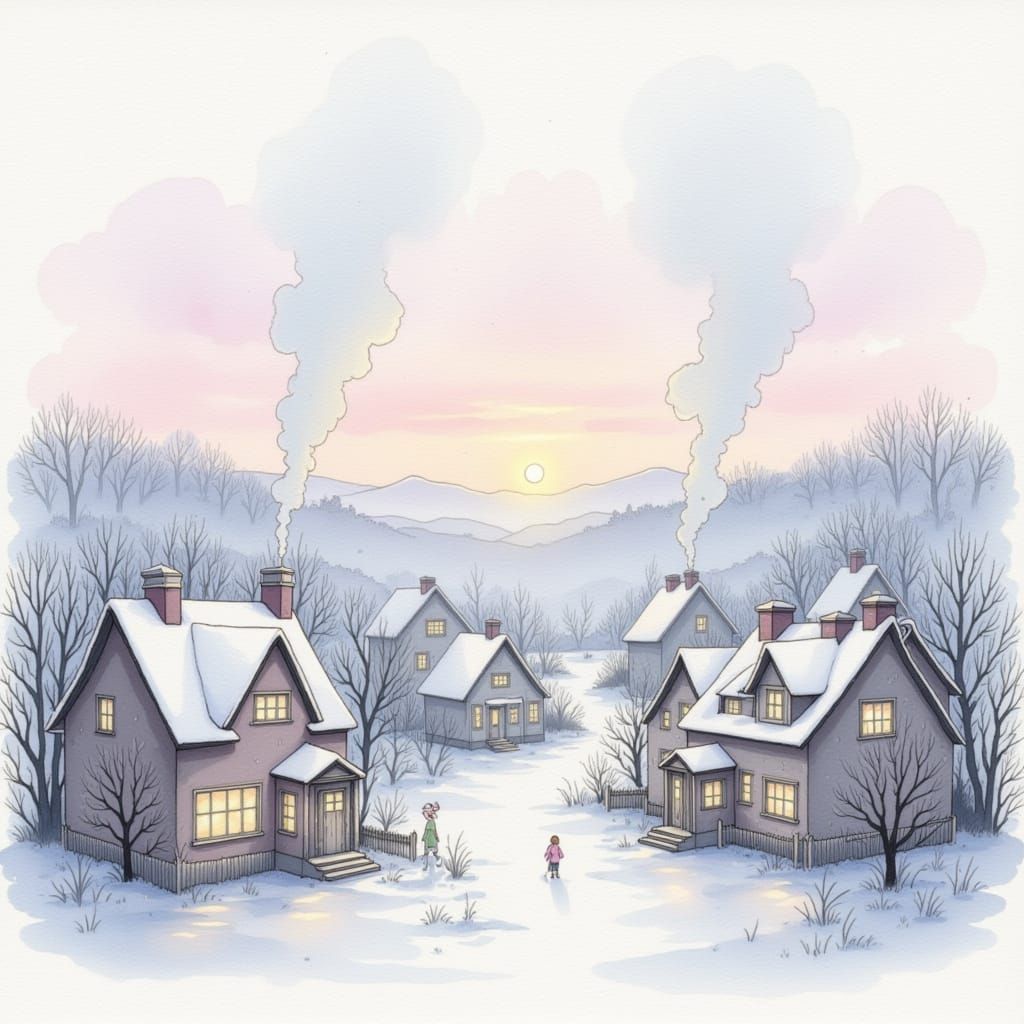 A snowy village with smoke curling from chimneys, soft pastel washes, subtle cool shadow tones, fine linework on rooftops, muted winter pale...
