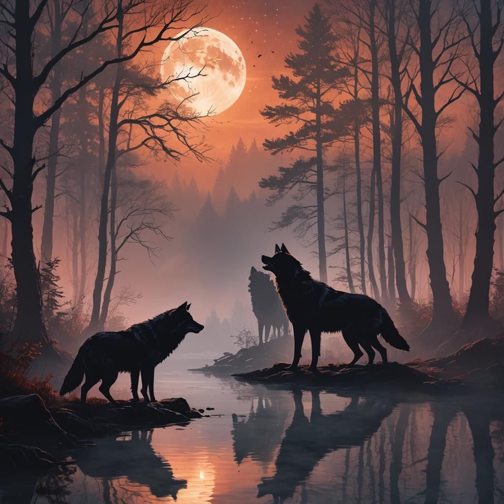silhouette of two wolves touching noses in a misty forest. inside the first wolf: a starry sky, a full ...  by @undefined