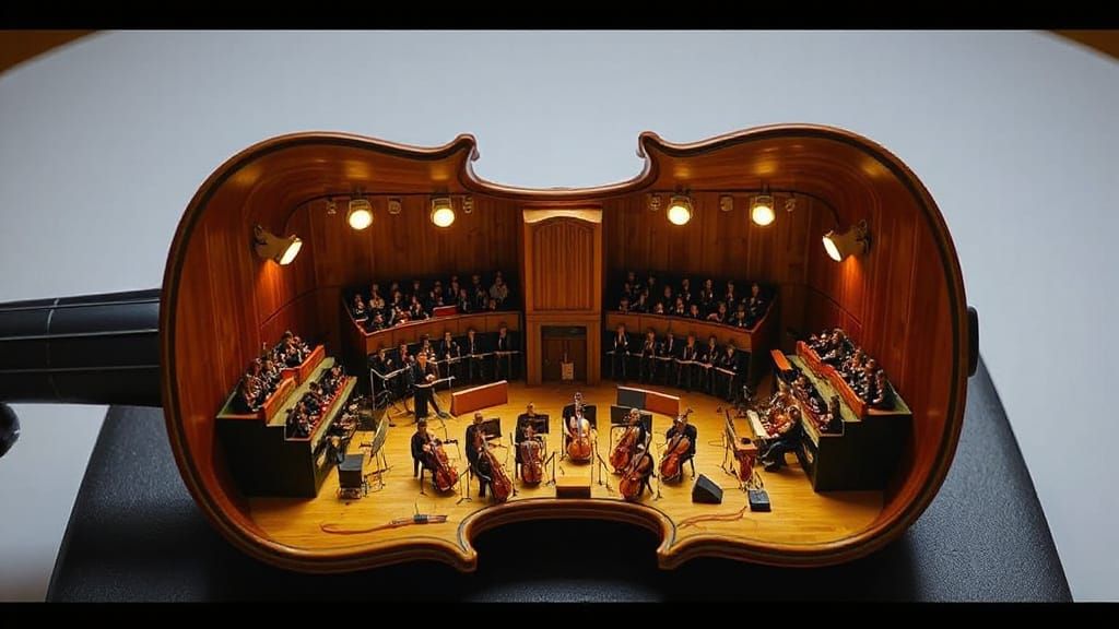 A miniature concert hall with an entire orchestra built inside a violin. Hyperdetailed.8K.   by @kirra-anne-ramirez