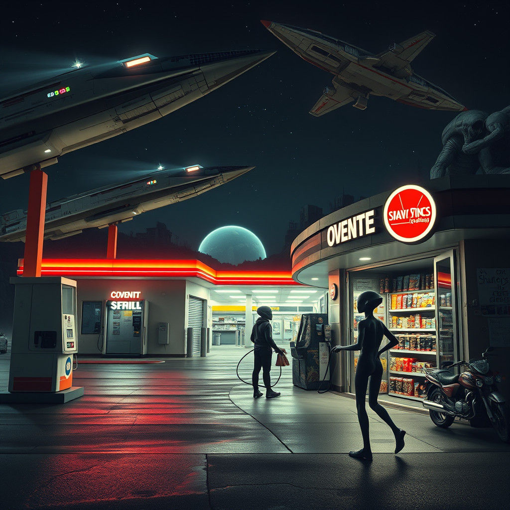 Hyperrealistic Alien Gas Station Scene in Space