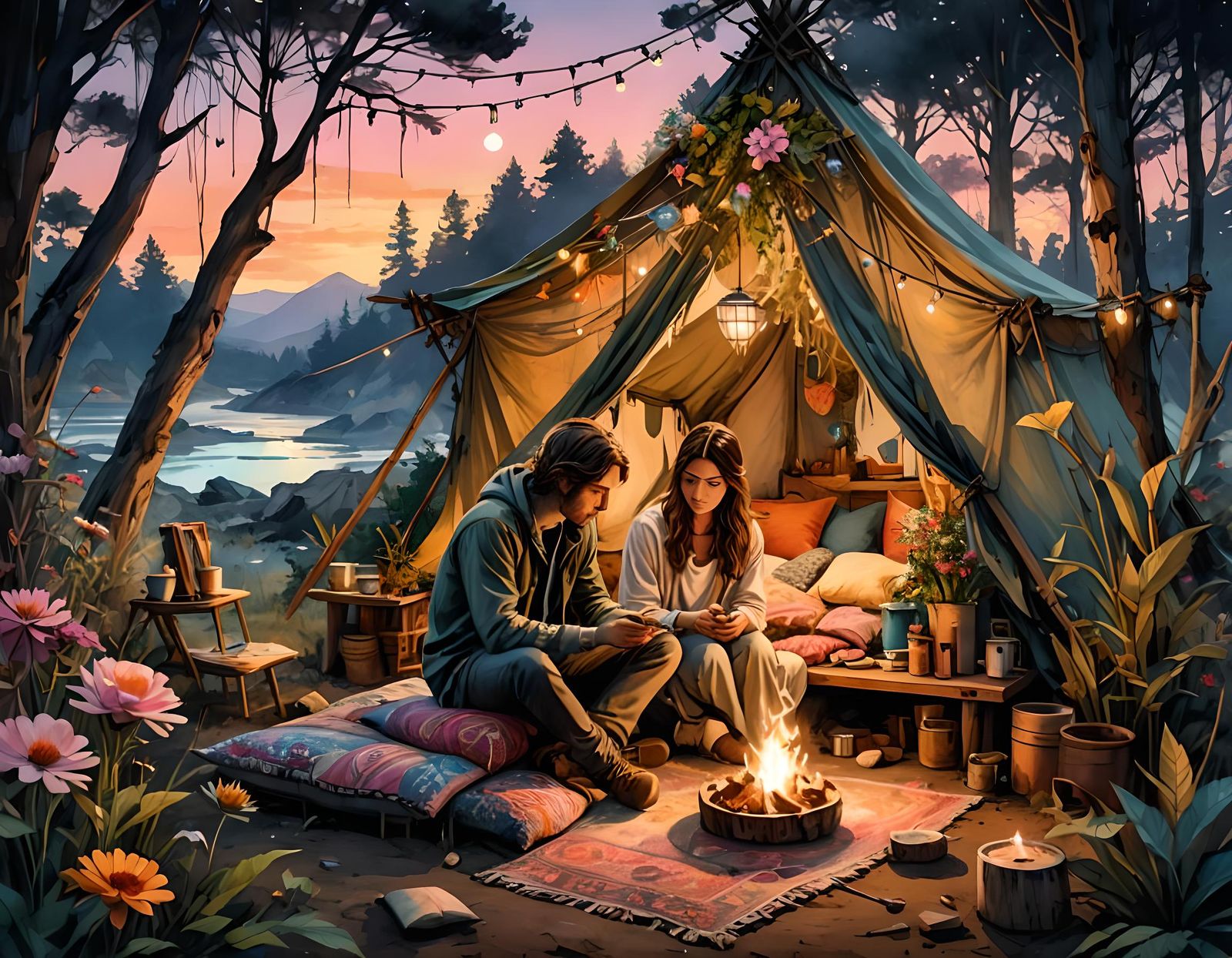 Cute couple at Perfect Boho Camp Setup  by @Artemis