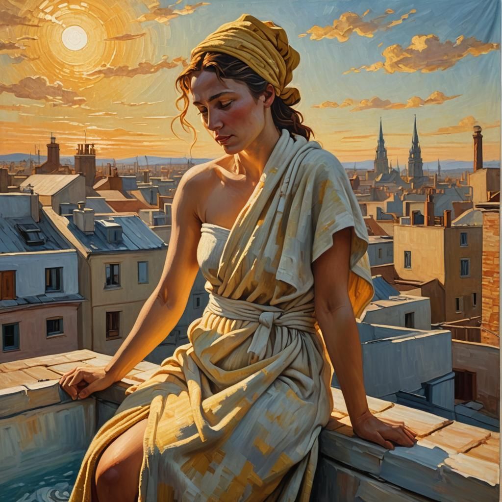 Woman Bathes on Rooftop in Van Gogh Style